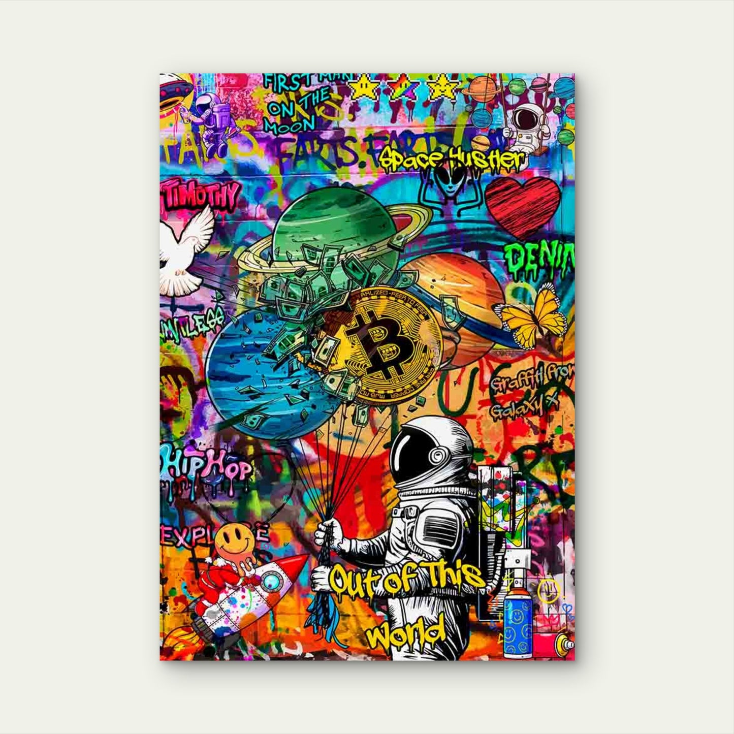Graffiti Astronaut Holding Gold Coin 40x60cm Metal Print Ready to Hang - Bella Home Decor