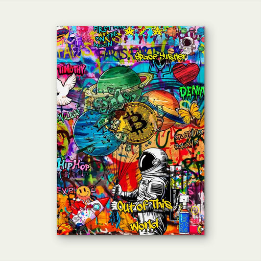 Graffiti Astronaut Holding Gold Coin 40x60cm Metal Print Ready to Hang