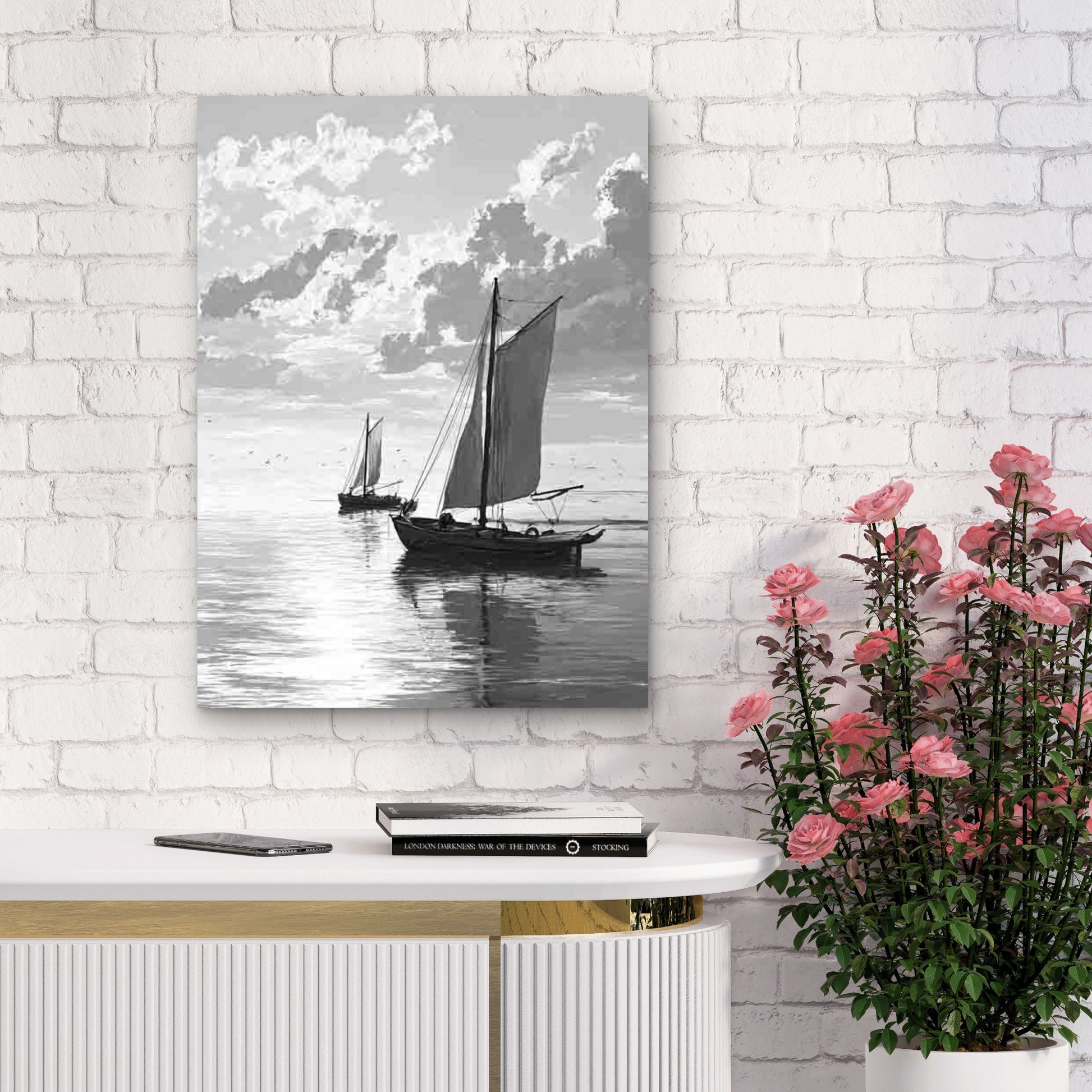Black and White Sailing Boats Coastal Nautical Seascap Metal Print Ready to Hang - Bella Home Decor
