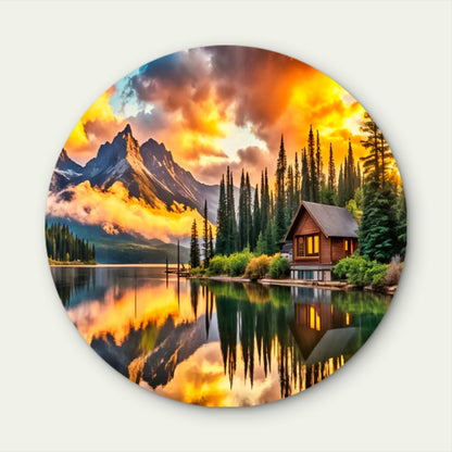 Golden Hour Sky Lake Wooden House Acrylic Glass Rounded Print Tempered Glass Wall Art 100% Made in Australia Ready to Hang