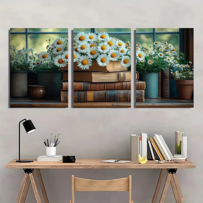 3pcs  Vintage Books & Daisies Canvas Metal Print Ready to Hang Art - Bella Home Decor