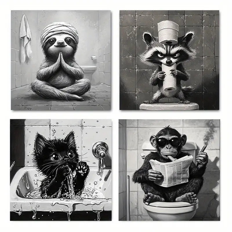 4pcsWhimsical Monkey Cat Raccoon Wall Art Canvas Framed