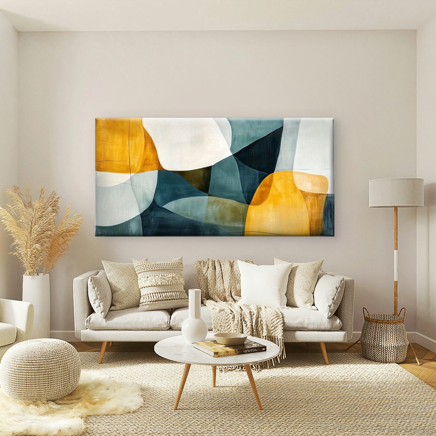 Mustard Fluid Shapes Geometric Wall Art Canvas Office Home Room Framed 120x60cm