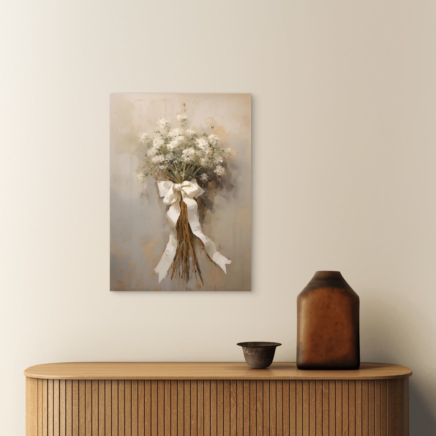 White Floral Bouquet Bow Tied 40x60cm Metal Print Ready to Hang - Bella Home Decor