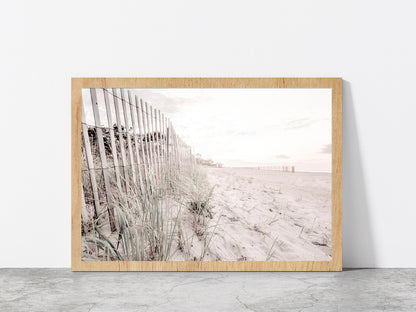 Fence & Sandy Seashore Plants Faded Photograph Glass Framed Wall Art, Ready to Hang Quality Print Without White Border Oak