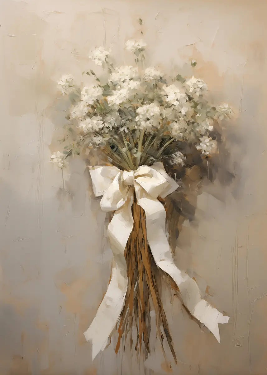 White Floral Bouquet Bow Tied 40x60cm Metal Print Ready to Hang - Bella Home Decor