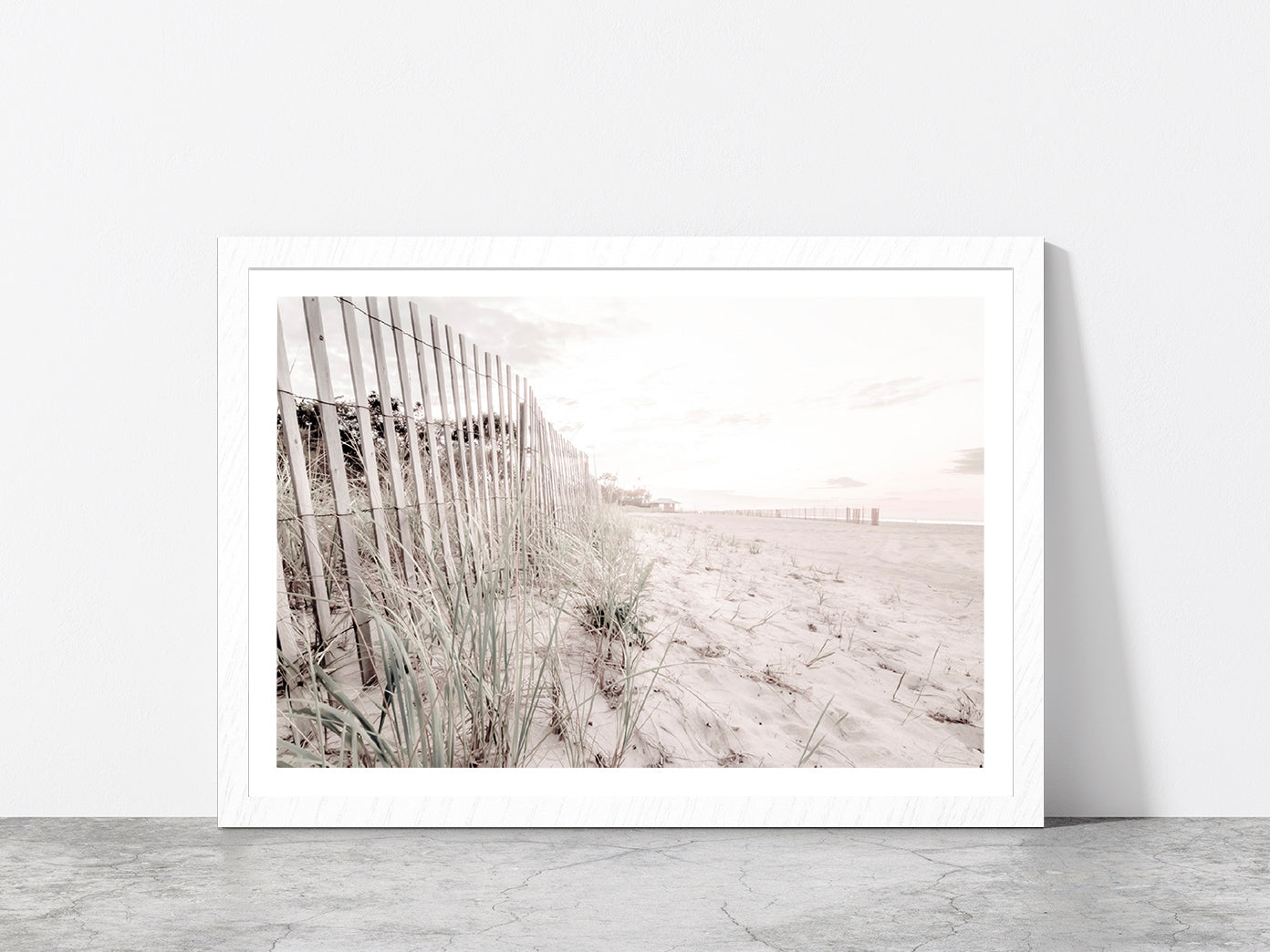 Fence & Sandy Seashore Plants Faded Photograph Glass Framed Wall Art, Ready to Hang Quality Print With White Border White