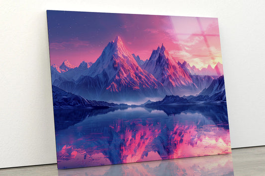 Pink Sunset Over Snowy Mountain & Lake Acrylic Glass Print Tempered Glass Wall Art 100% Made in Australia Ready to Hang