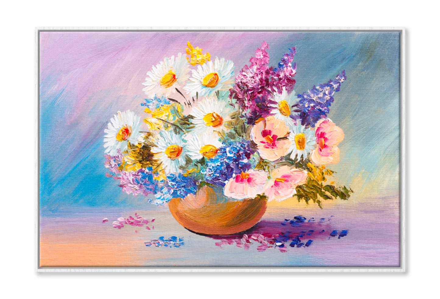 Bouquet Of Summer Flowers, Still Life Oil Painting Limited Edition High Quality Print Canvas Box Framed White