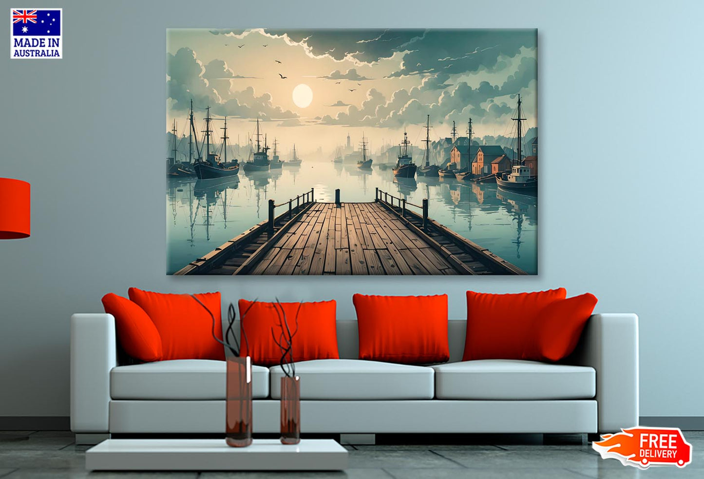 Sunrise Serenity Wooden Pier Fishing at Dawn Wall Art Decor 100% Australian Made