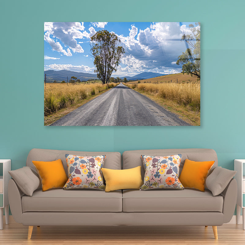 Road with Trees, Sky & Mountains Acrylic Glass Print Tempered Glass Wall Art 100% Made in Australia Ready to Hang - Bella Home Decor