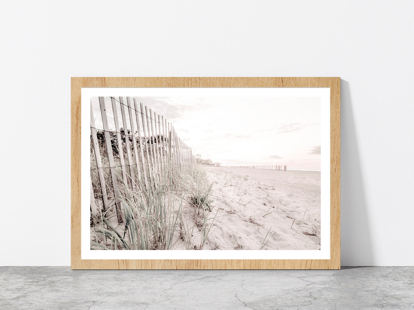 Fence & Sandy Seashore Plants Faded Photograph Glass Framed Wall Art, Ready to Hang Quality Print With White Border Oak