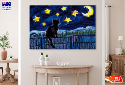 Night City Scene-Cat Fishing On the Roof Wall Art Limited Edition High Quality Print