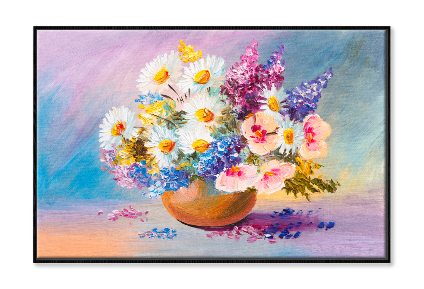 Bouquet Of Summer Flowers, Still Life Oil Painting Limited Edition High Quality Print Canvas Box Framed Black