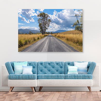 Road with Trees, Sky & Mountains Acrylic Glass Print Tempered Glass Wall Art 100% Made in Australia Ready to Hang - Bella Home Decor