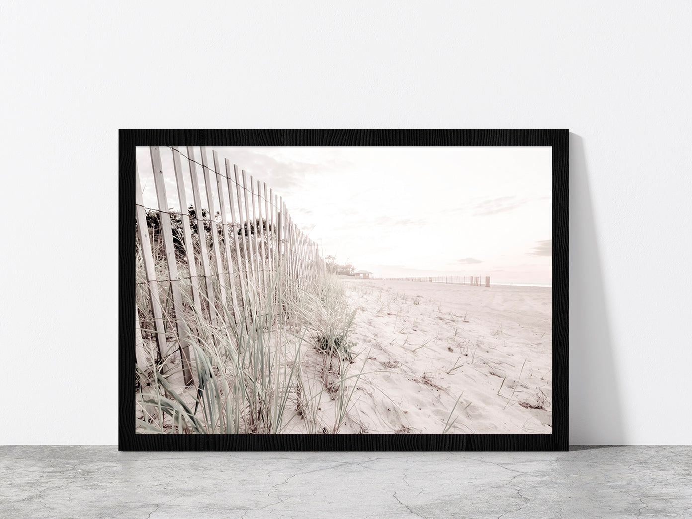 Fence & Sandy Seashore Plants Faded Photograph Glass Framed Wall Art, Ready to Hang Quality Print Without White Border Black