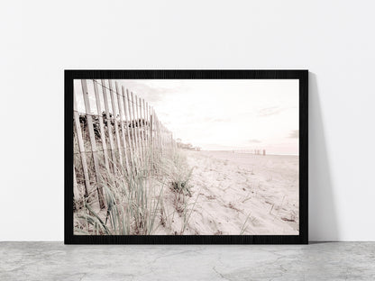 Fence & Sandy Seashore Plants Faded Photograph Glass Framed Wall Art, Ready to Hang Quality Print Without White Border Black