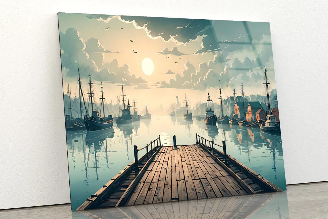 Sunrise Serenity Wooden Pier Fishing at Dawn  Acrylic Glass Print Tempered Glass Wall Art 100% Made in Australia Ready to Hang