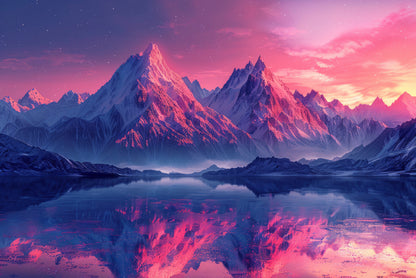 Pink Sunset Over Snowy Mountain & Lake Home Decor Premium Quality Poster Print Choose Your Sizes