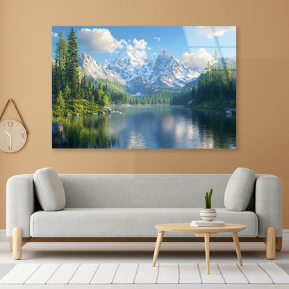 Lake with Trees and Mountains Acrylic Glass Print Tempered Glass Wall Art 100% Made in Australia Ready to Hang - Bella Home Decor