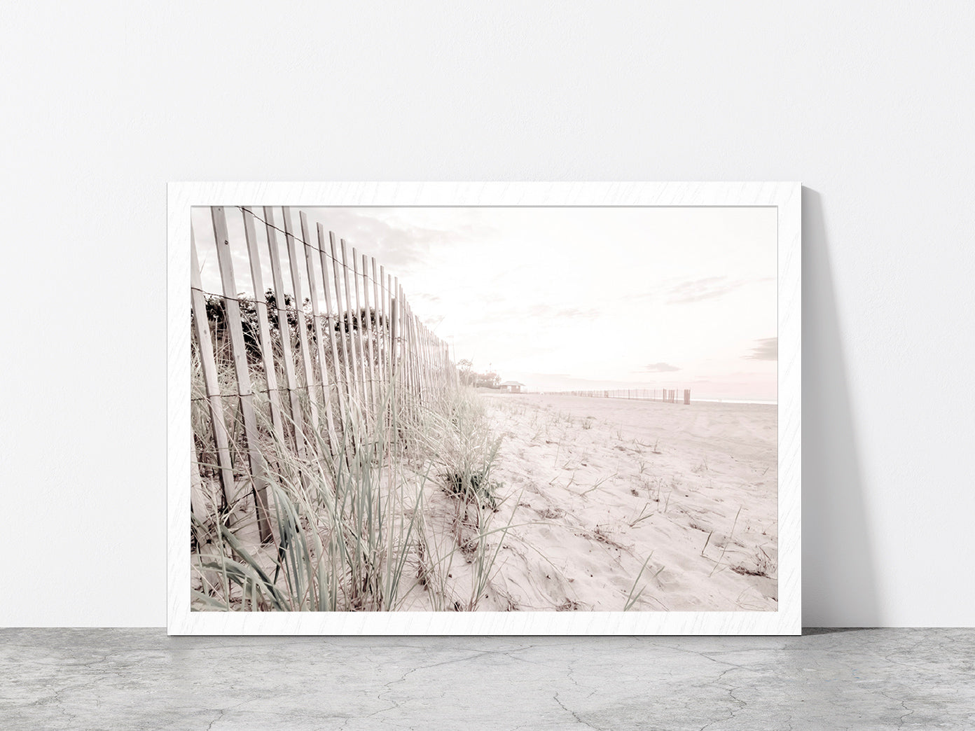 Fence & Sandy Seashore Plants Faded Photograph Glass Framed Wall Art, Ready to Hang Quality Print Without White Border White