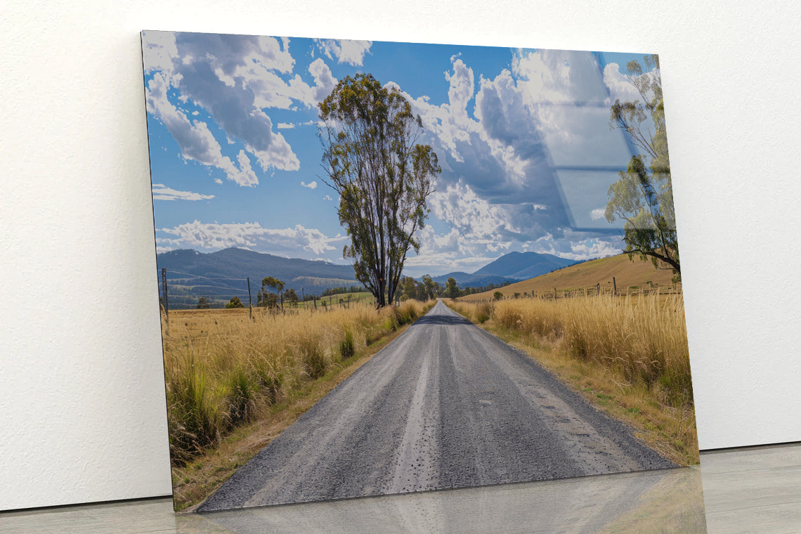Road with Trees, Sky & Mountains Acrylic Glass Print Tempered Glass Wall Art 100% Made in Australia Ready to Hang - Bella Home Decor
