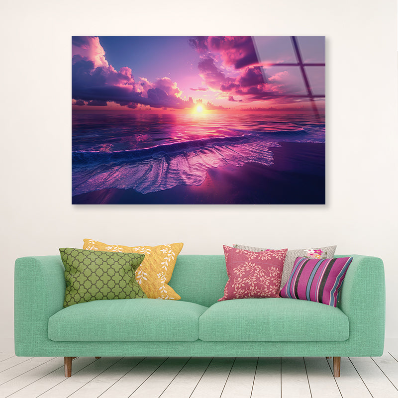 Sunset with Pink Sky in Seashore Acrylic Glass Print Tempered Glass Wall Art 100% Made in Australia Ready to Hang - Bella Home Decor