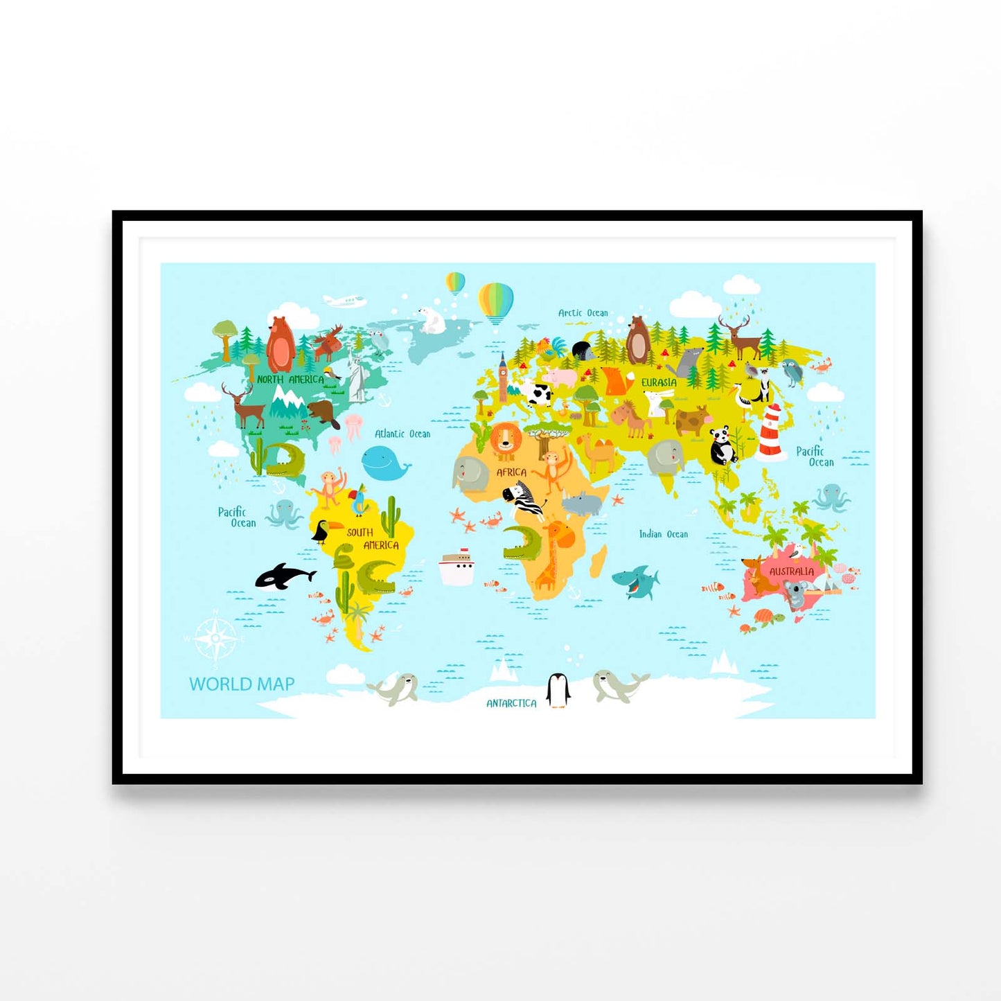 Map Of the World with Cartoon Animals Home Decor Premium Quality Poster Print Choose Your Sizes