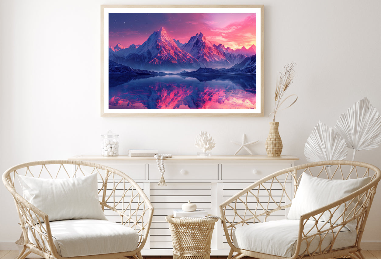 Pink Sunset Over Snowy Mountain & Lake Home Decor Premium Quality Poster Print Choose Your Sizes