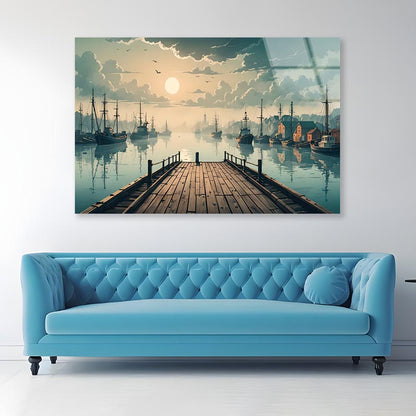 Sunrise Serenity Wooden Pier Fishing at Dawn  Acrylic Glass Print Tempered Glass Wall Art 100% Made in Australia Ready to Hang