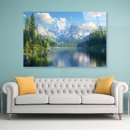Lake with Trees and Mountains Acrylic Glass Print Tempered Glass Wall Art 100% Made in Australia Ready to Hang - Bella Home Decor