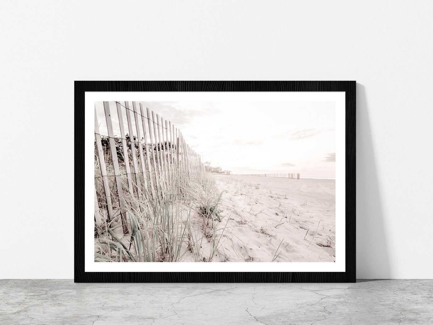 Fence & Sandy Seashore Plants Faded Photograph Glass Framed Wall Art, Ready to Hang Quality Print With White Border Black