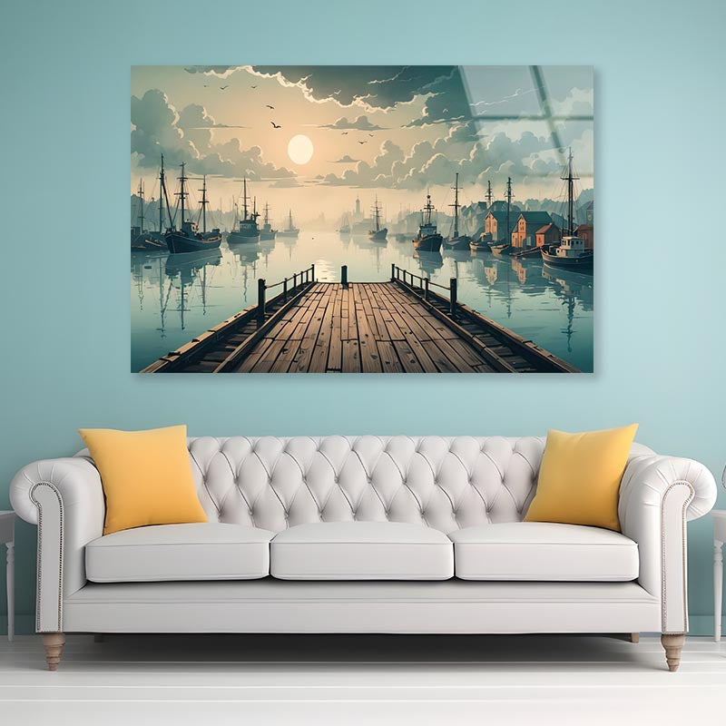 Sunrise Serenity Wooden Pier Fishing at Dawn  Acrylic Glass Print Tempered Glass Wall Art 100% Made in Australia Ready to Hang