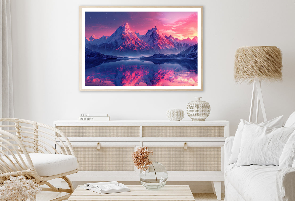 Pink Sunset Over Snowy Mountain & Lake Home Decor Premium Quality Poster Print Choose Your Sizes