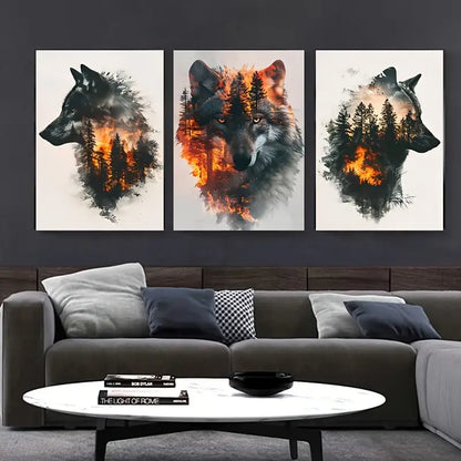 3pcs Wild Forest Wolf Wildfire Painting Metal Print Ready to Hang Art