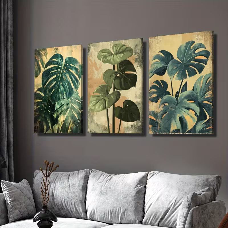 3pcs Tropical Plants Monstera Lush Leaves Wall Art Set Canvas Framed 40x60cm - High Quality Print 100% Australian Made Wall Canvas Ready to Hang - Bella Home Decor