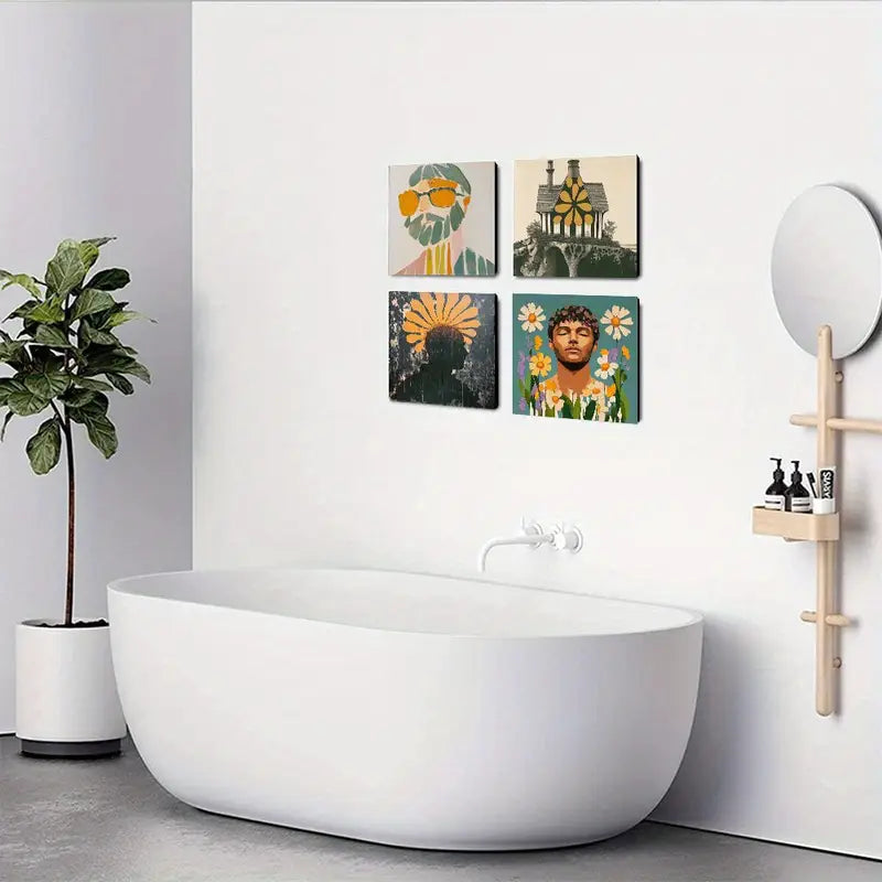 4pcs   Retro Sunflower in Neutral Boho Style  d  Wall Art Canvas Framed