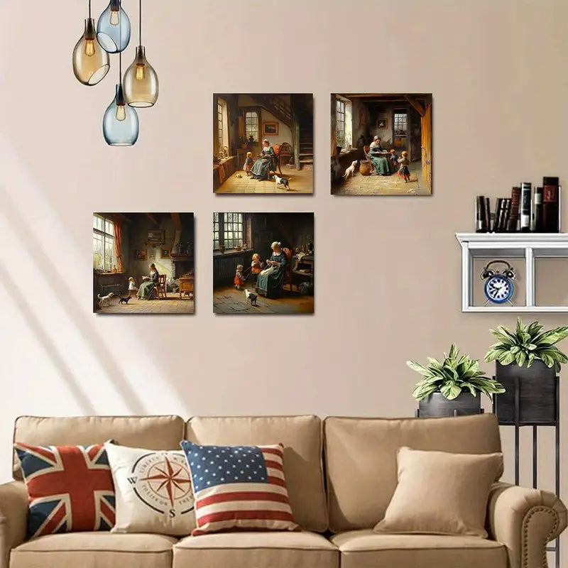 4pcs   Rustic Mother and Youngsters  RM Wall Art Canvas Framed