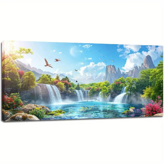 Lake Waterfall Natural Forest Wall Art canvas office home room framed 120x60cm