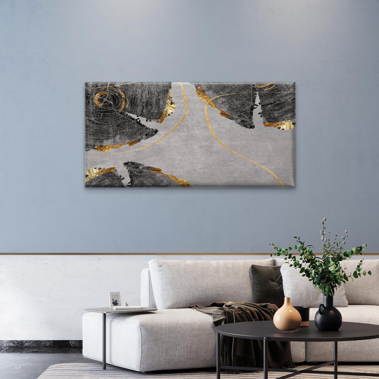 Abstract Grey And Gold Tree Rings Wood Grain Wall Art Canvas Office Home Room Framed 120x60cm