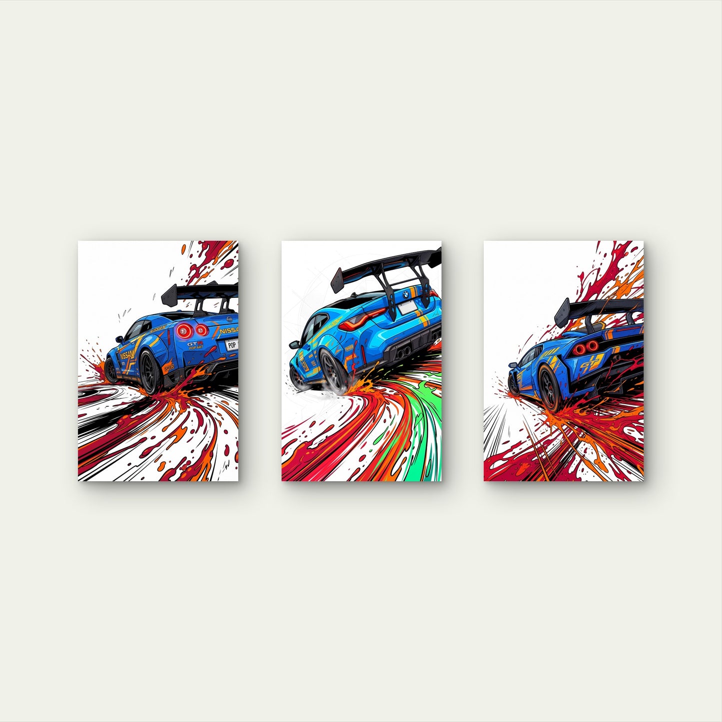 3pcs Blue Racing Car Splatter Graffiti Garage Wall Art Set Canvas Framed 60x90cm - High Quality Print 100% Australian Made Wall Canvas Ready to Hang