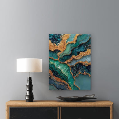 Abstract Turquoise Blue & Golden Leaf Marble Metal Print Ready to Hang