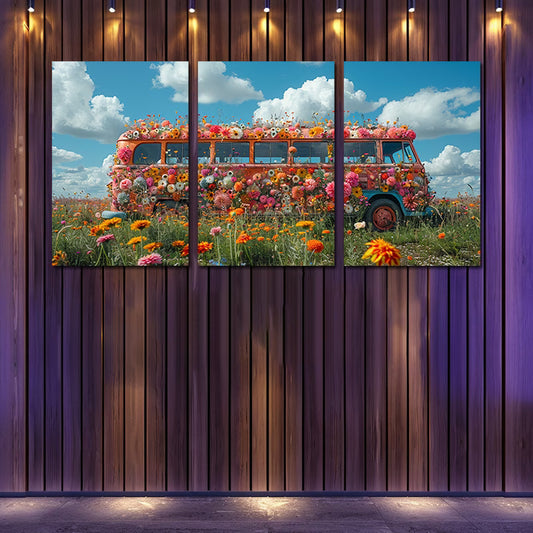 3pcs Vintage Bus Covered in Vibrant Flowers Wall Art Set Canvas Framed 50x70cm - High Quality Print 100% Australian Made Wall Canvas Ready to Hang