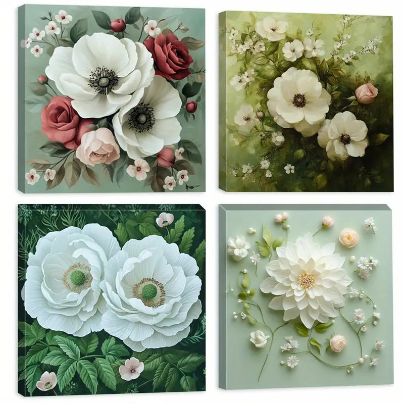 4pcs Flowers Square White Peony Wall Art Canvas Framed