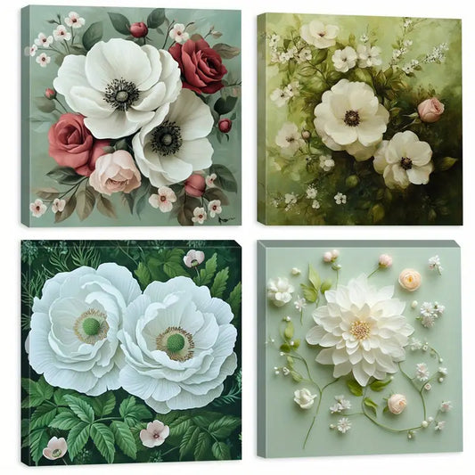 4pcs Flowers Square White Peony Wall Art Canvas Framed