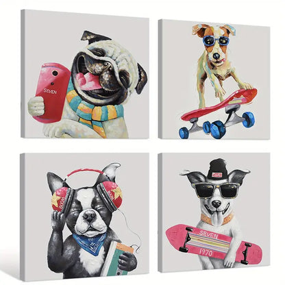 4pcs Abstract Hip-hop Dog Cartoon Wall Art Canvas Framed