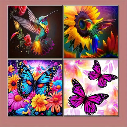 4pcs Hummind Bird Butterfly Flower Wall Art Canvas Framed