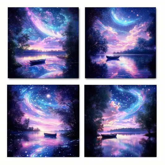 4pcs White moon purple forest fg   Wall Art Canvas Framed