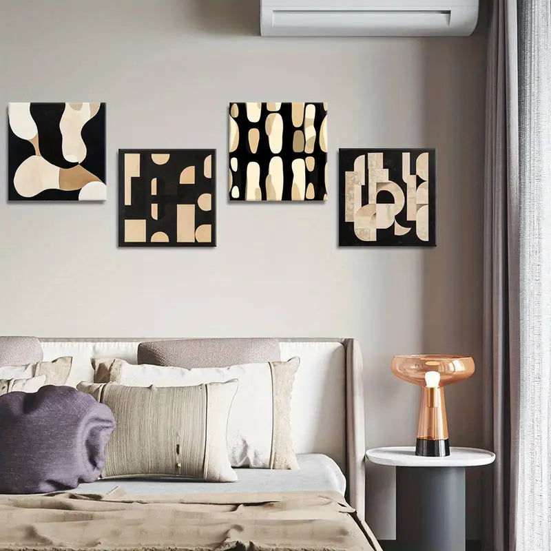 4pcs Black Background Square Wall Art, Beige Wall Art Canvas Framed
