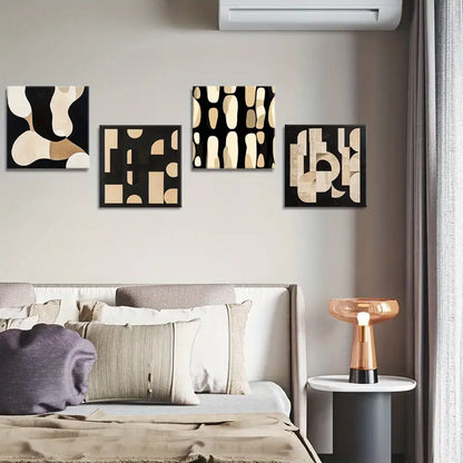 4pcs Black Background Square Wall Art, Beige Wall Art Canvas Framed